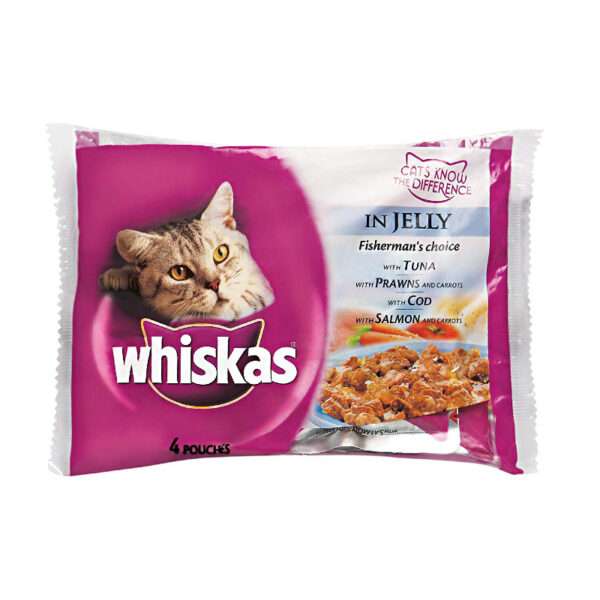 Whiskas Multipouch Fisherman’s Choice-Tuna-Prawn-Cod & Salmon in Jelly