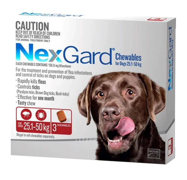 NexGard Flea & Tick Chewables is a brand new, revolutionary flea and tick preventative from the makers of Frontline, the #1 choice of veterinarians. It's the first flea and tick killer of its kind because it comes in a yummy, beef-flavored soft chew that protects your dog from a flea and tick infestation for a full 30 days. That means, you don't have to worry anymore about messy topicals, or accidentally washing your dogs preventative off while bathing! Also, it can be taken alongside your dog's heartworm medication, without interruption. NexGard keeps your pet protected from adult fleas by killing them before they have a chance to lay eggs, which reduces the possibility of a flea infestation. Plus, it kills the American dog tick, which decreases the risk of your pet developing a deadly tick-borne disease. Dog Size: Min Dog Weight - 60.1lbs (25 kg) Max Dog Weight - 121 lbs (50 kg) Benefits: First-ever flea and tick preventative from the makers of Frontline that comes in a tasty beef-flavored chew No more messy topical preventatives, and no more worrying about washing off your dog's flea protection Safe, effective, FDA-approved, and lasts for 30 days Can be taken alongside heartworm medication Cautions: NexGard is for use in dogs only. The most frequently reported adverse reactions to include vomiting, dry/flaky skin, diarrhea, lethargy, and lack of appetite. The safe use of NexGard in pregnant, breeding or lactating dogs has not been evaluated.